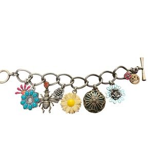 Lucky Brand Mixed Floral Charm Bracelet Brass Boho Toggle Closure Y2K
